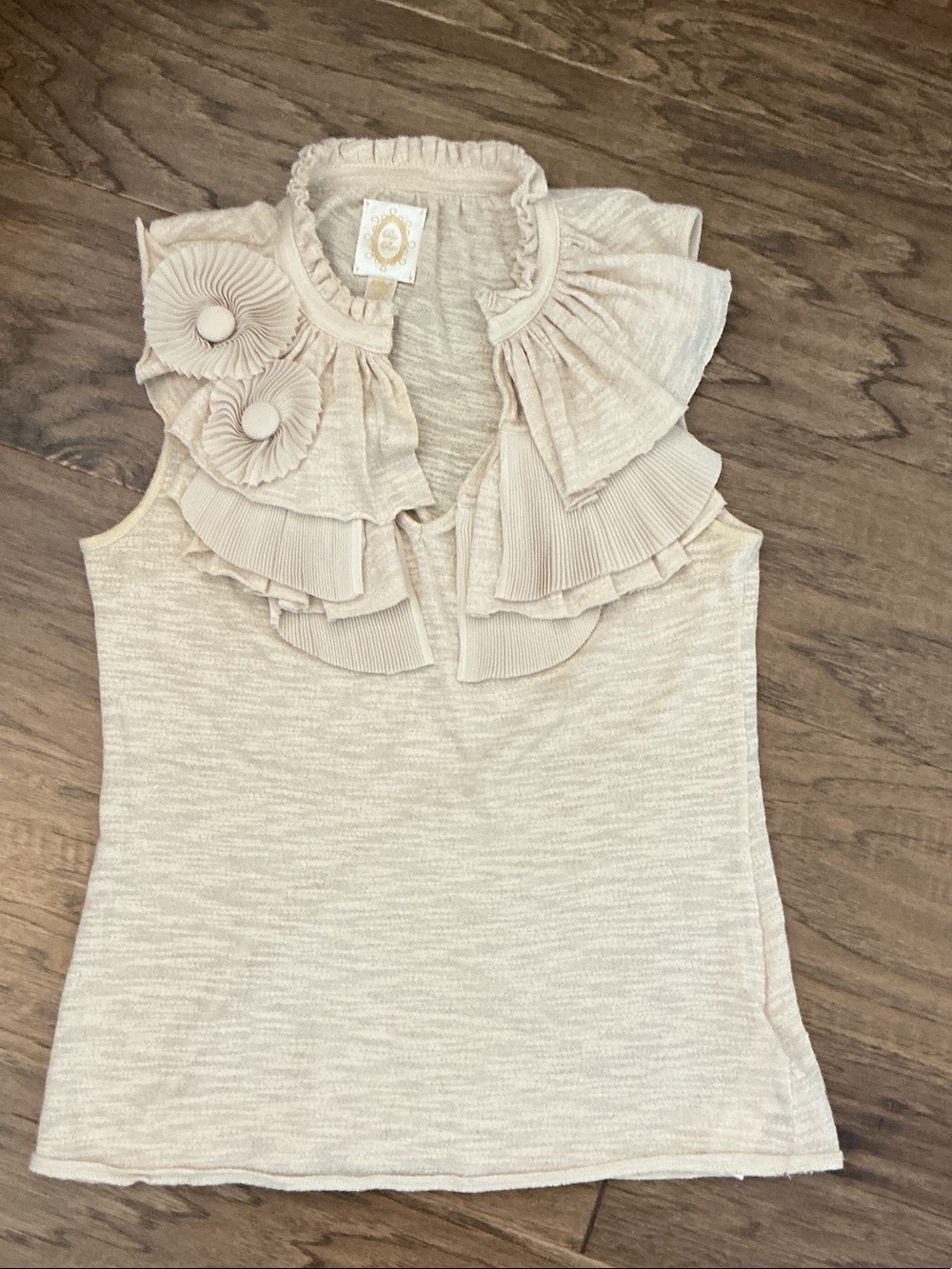 Ric Rac for Anthropologie Boho Heathered Beige Ruffle Floral Rosette Tank Top